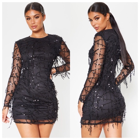 black sequin detail long sleeve mini dress